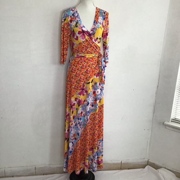 Janette Women Floral Patchwork Maxi Dress M Orange Yellow - Picture 1 of 14